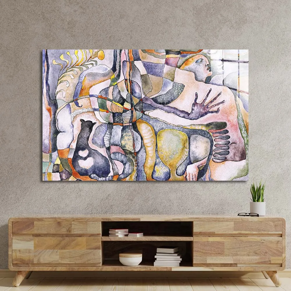 Abstract Man, Woman and their Cat Glass Wall Art