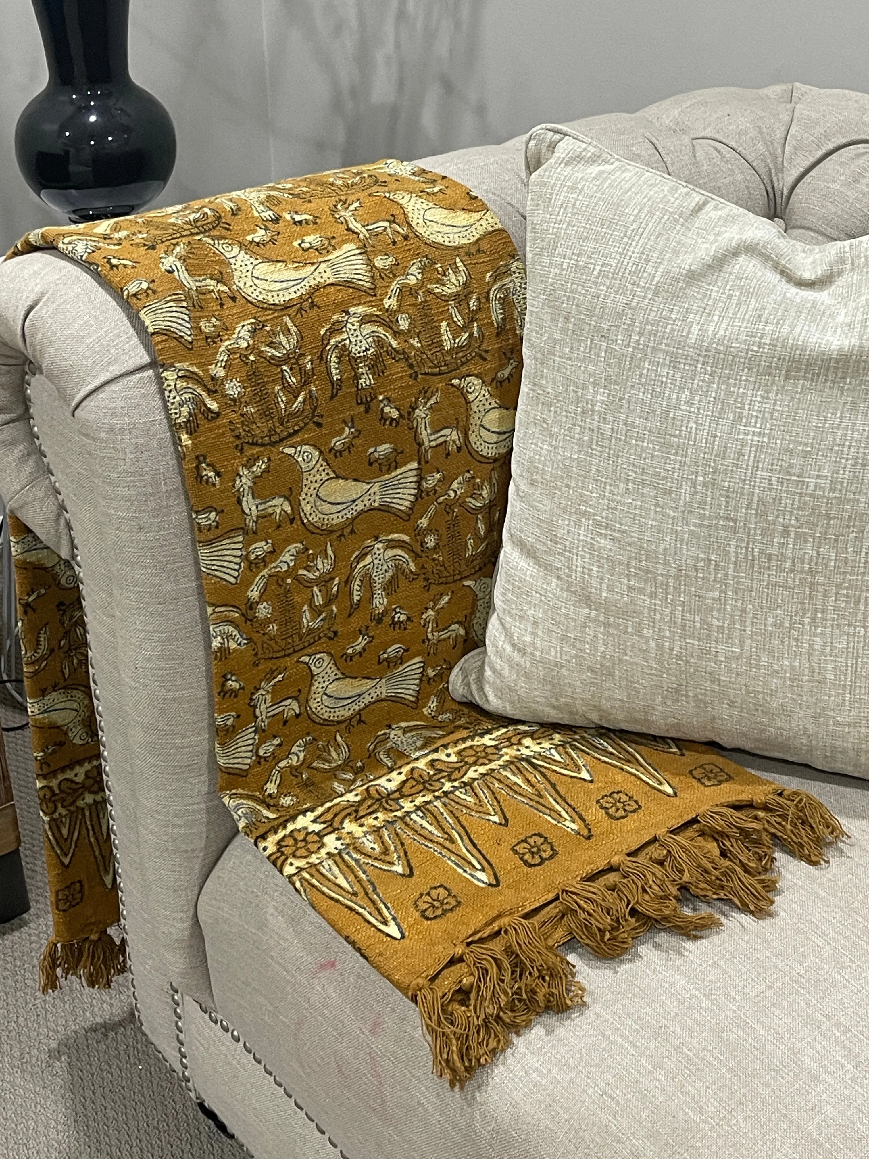 Bohemian Cotton Handmade Bird Mustard Bedding Throw Blanket