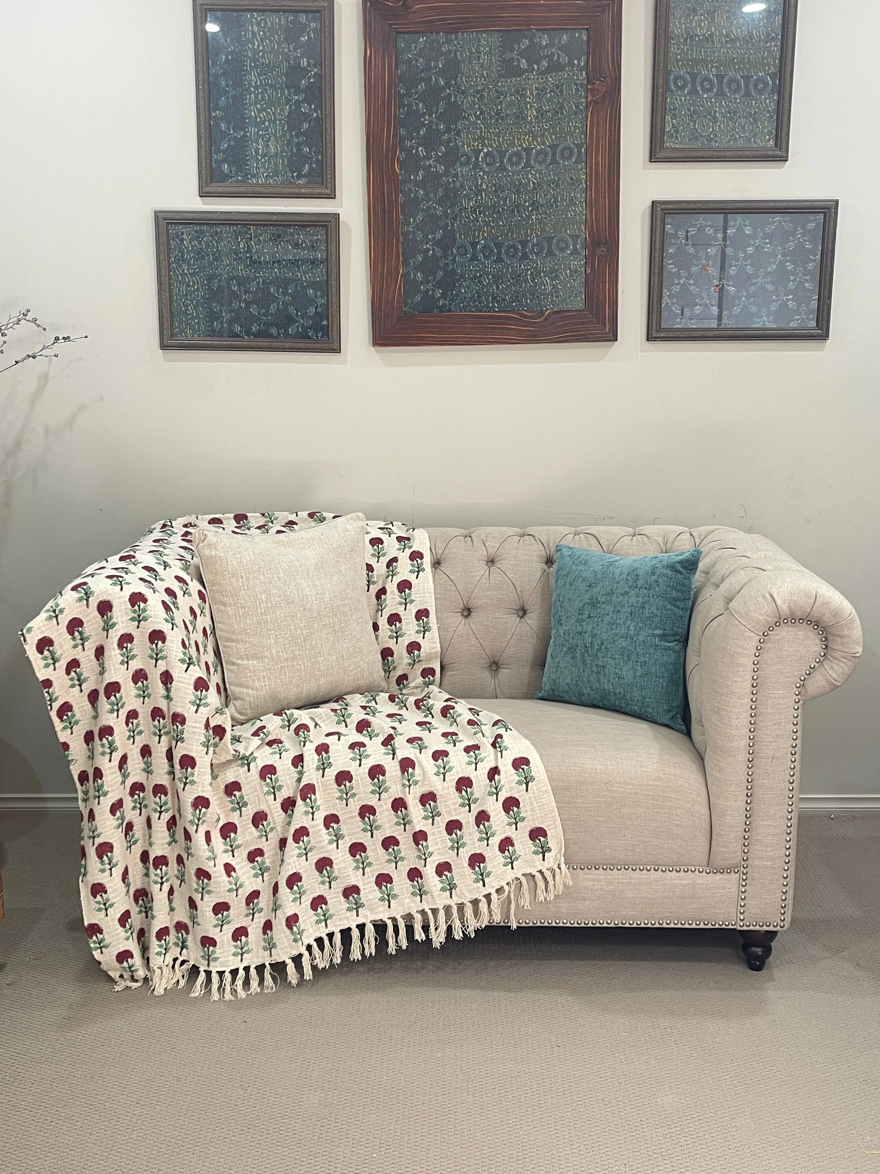 Bohemian Hand Block Red Bud Cotton Bedding Blanket Throw