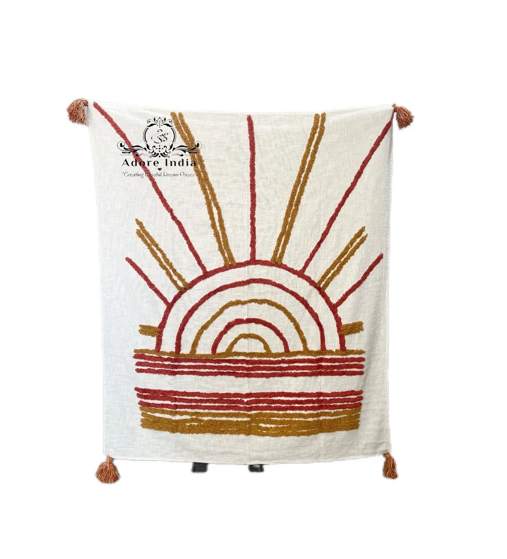 Bohemian Mustard Cotton Bedding Tufted Throw Blanket