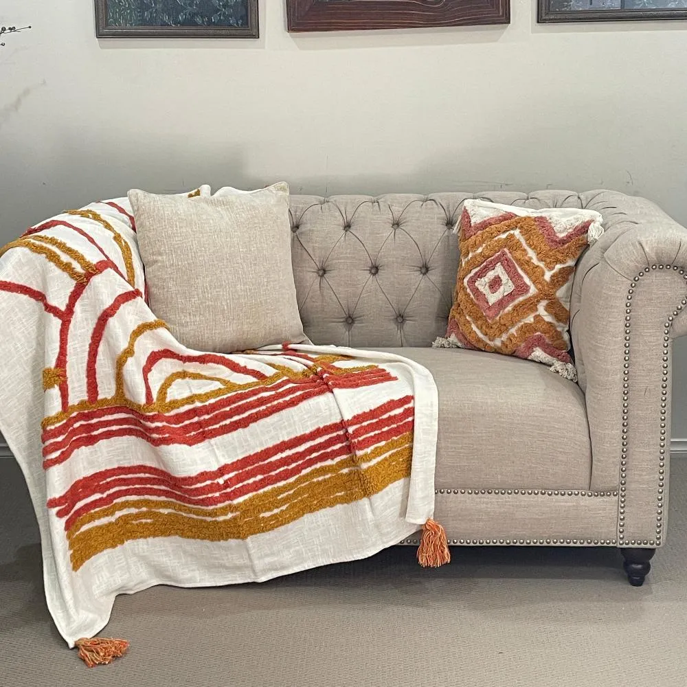 Bohemian Mustard Cotton Bedding Tufted Throw Blanket