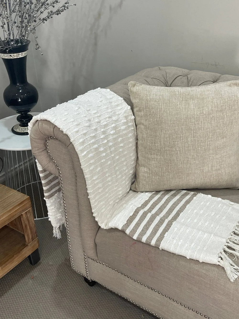 Bohemian Natural Brown Stripe Cotton Bedding Tufted Throw Blanket