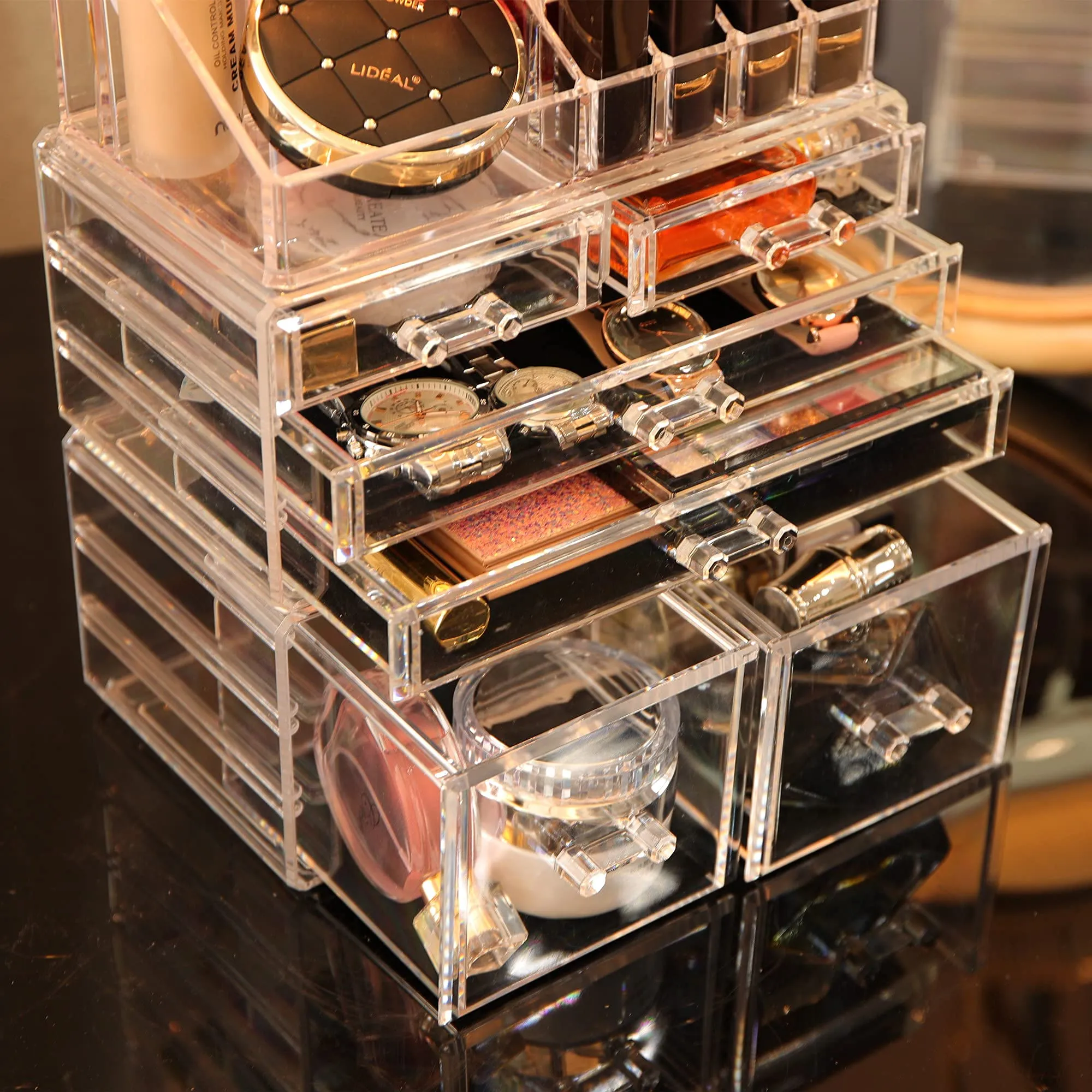 Cq acrylic 3 Pack Clear Make Up Organizers for Vanity,Stackable 6 Drawers Make Up Organizer,Cute Desk Organizer for Vanity Jewelry,Hair Clip,Beauty,Skincare Product Dresser Acrylic Drawer Organizer