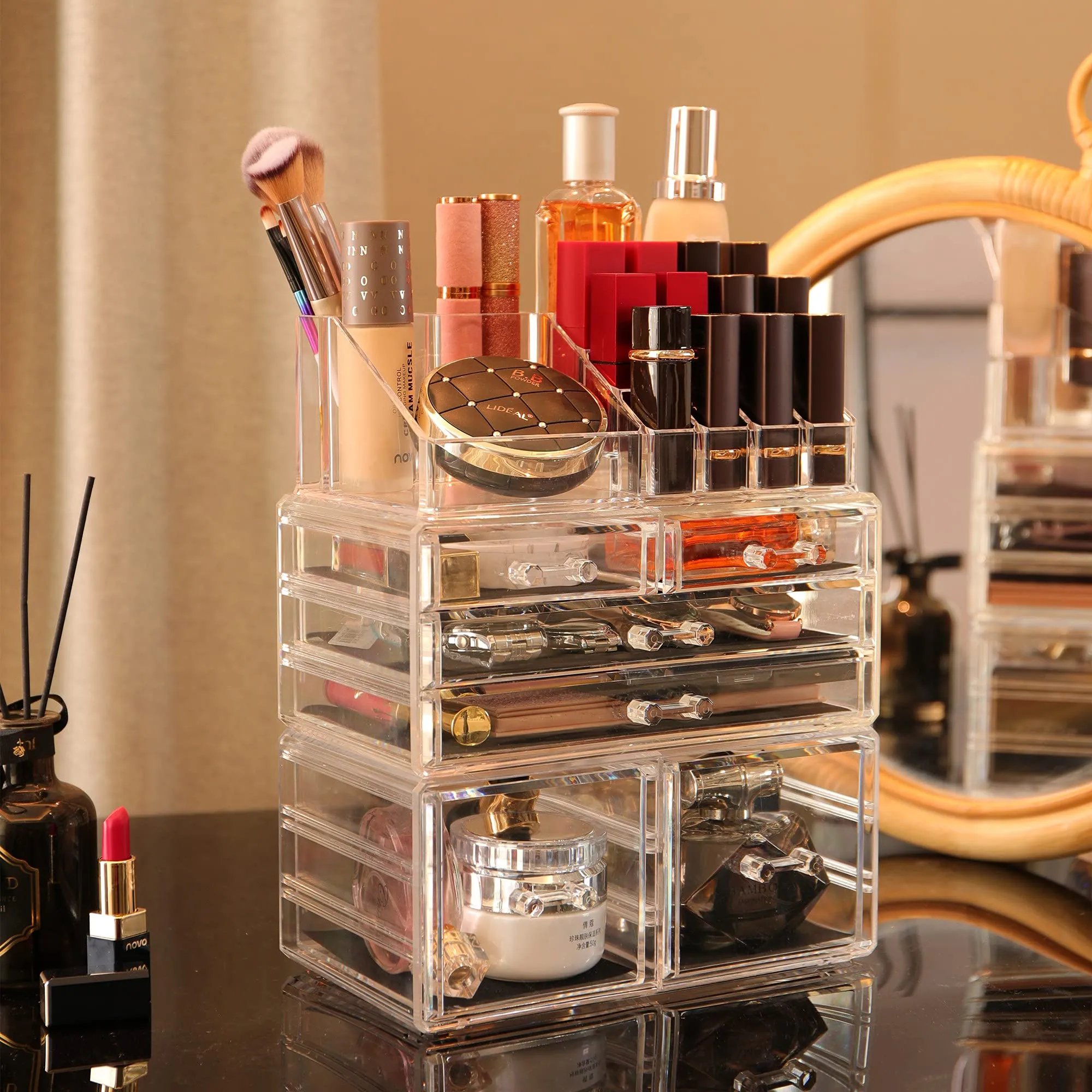 Cq acrylic 3 Pack Clear Make Up Organizers for Vanity,Stackable 6 Drawers Make Up Organizer,Cute Desk Organizer for Vanity Jewelry,Hair Clip,Beauty,Skincare Product Dresser Acrylic Drawer Organizer