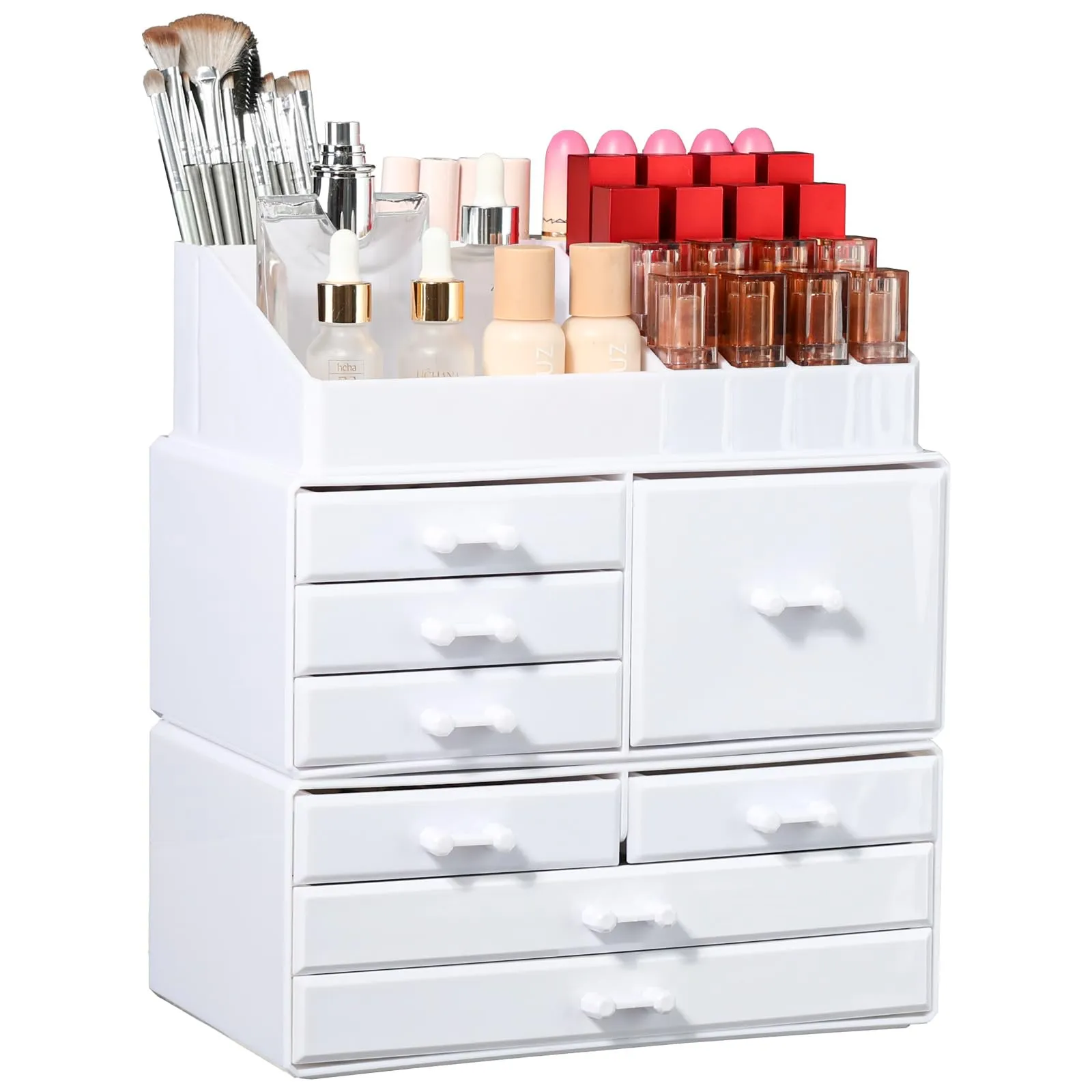 Cq acrylic Drawer Organizer, Stackable Stripes Cosmetic Display Cases and Organizer for Desk Bathroom, Vanity, and Bathroom Countertop Organizers,8 Drawers,White