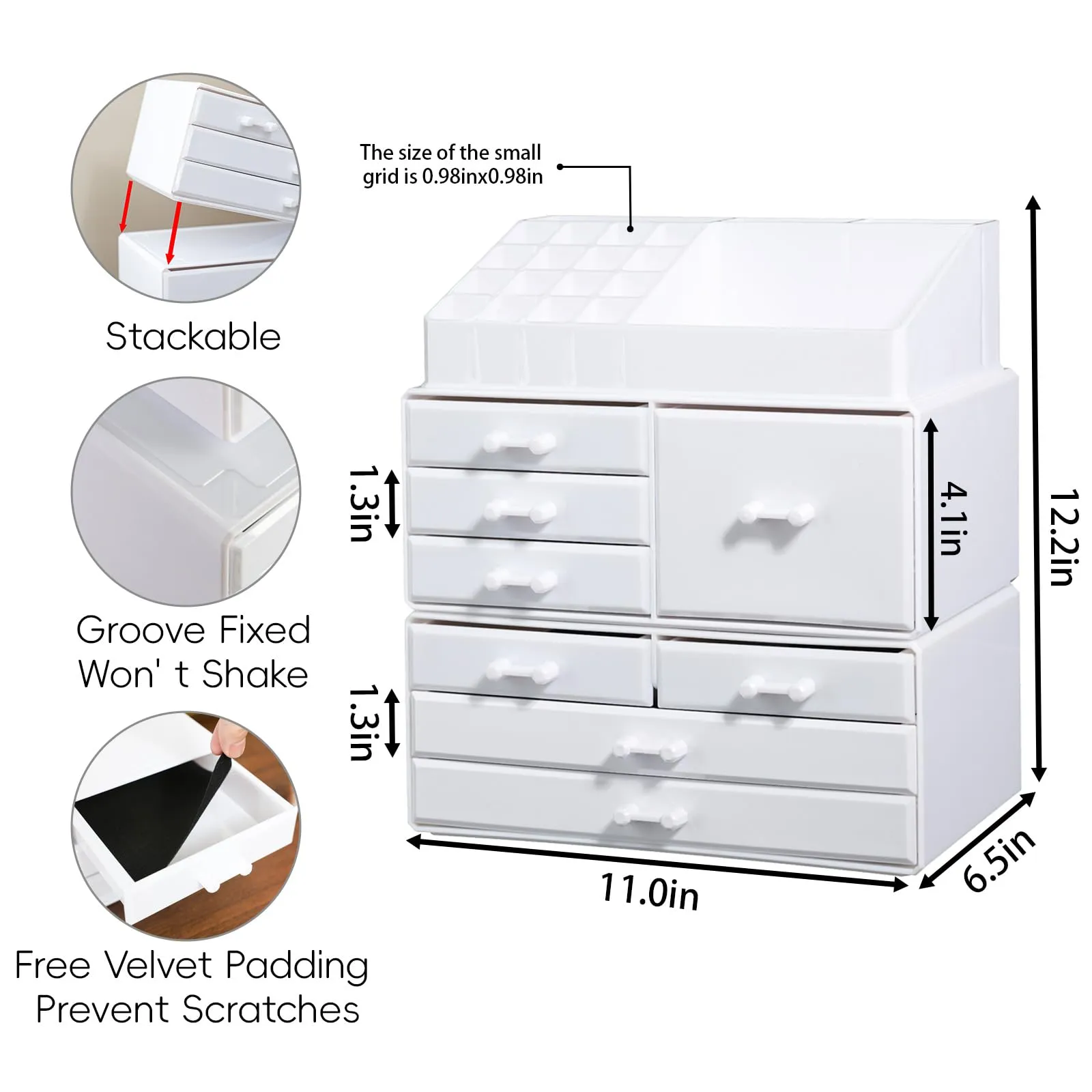 Cq acrylic Drawer Organizer, Stackable Stripes Cosmetic Display Cases and Organizer for Desk Bathroom, Vanity, and Bathroom Countertop Organizers,8 Drawers,White