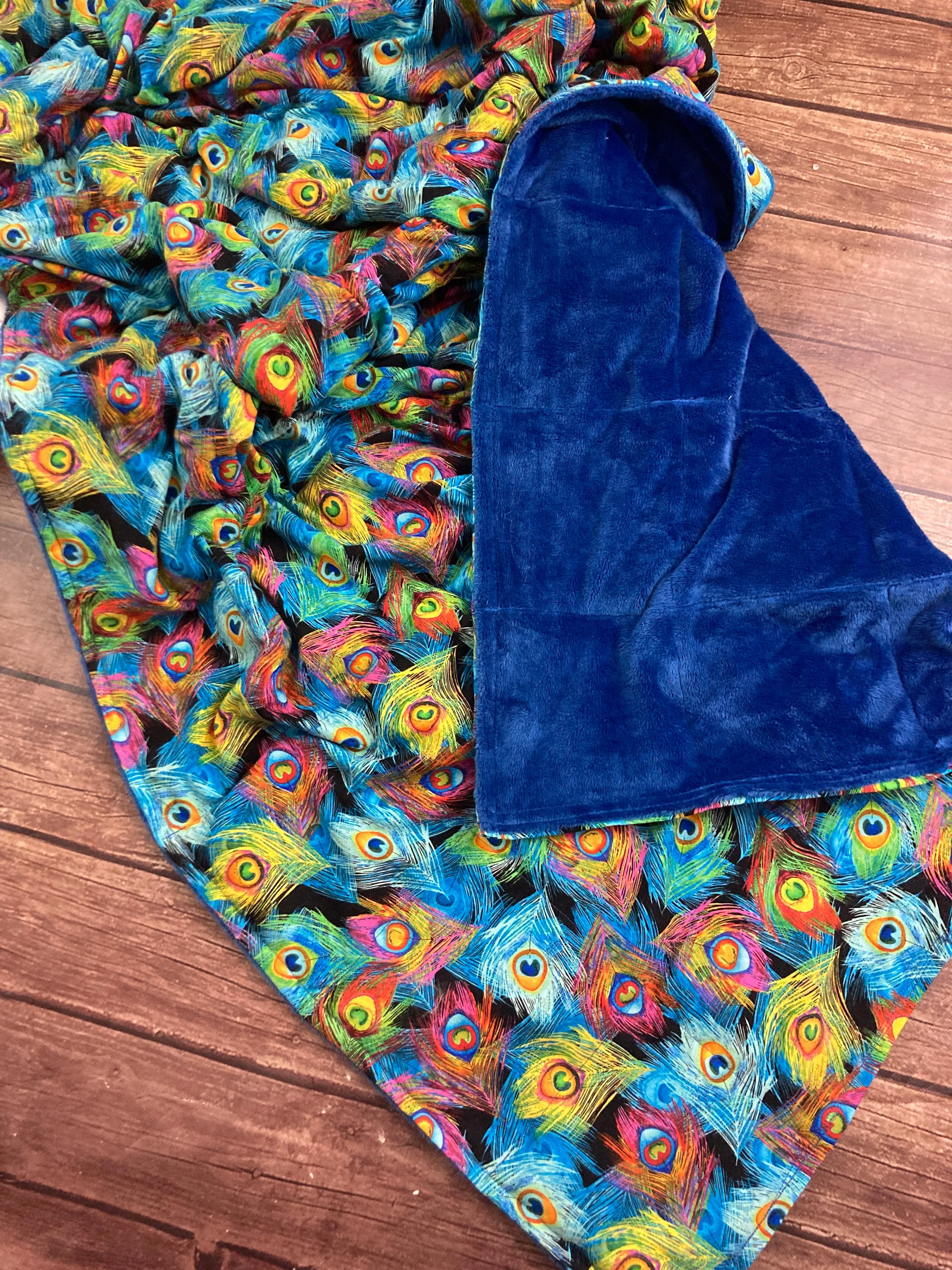Peacock Feathers Weighted Blanket or Lap Pad Cotton Fabric - Toddler, Child, Teen, Adult -Dot Minky - Anxiety, Sleep.