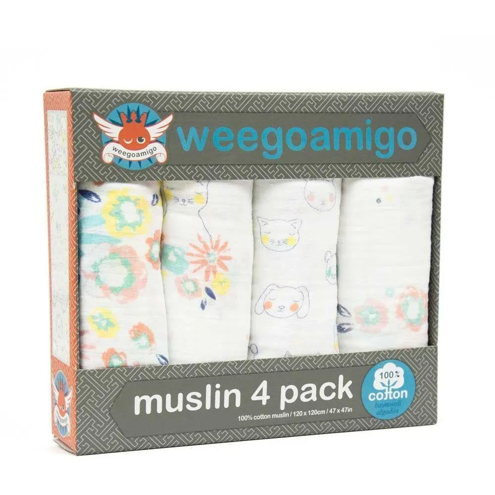 Weegoamigo Muslin Swaddle Wraps - Bunny Floral (4pk)