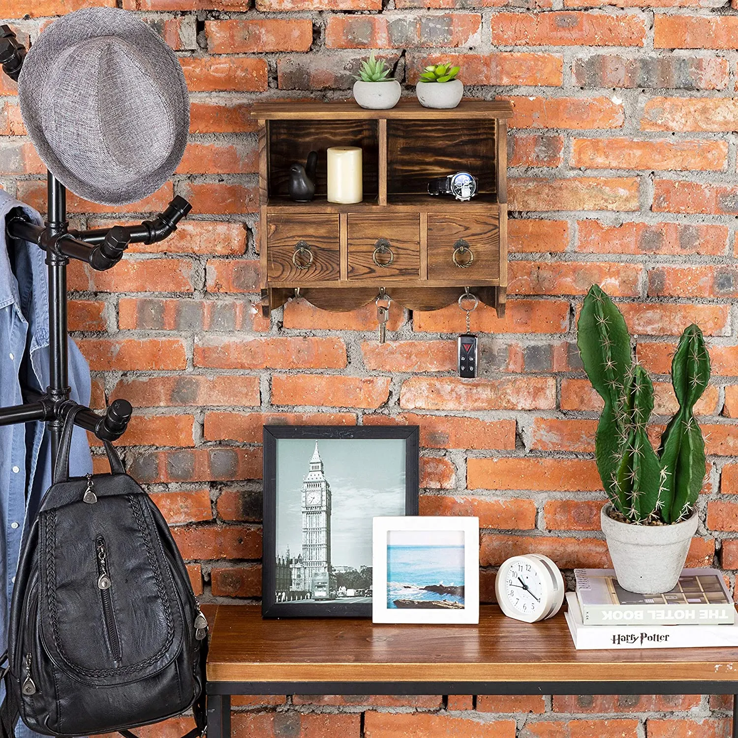 White Whale Wooden Wall-Mounted Organizer Shelf Rack/Wall Cabinet with Drawers & Metal Hooks