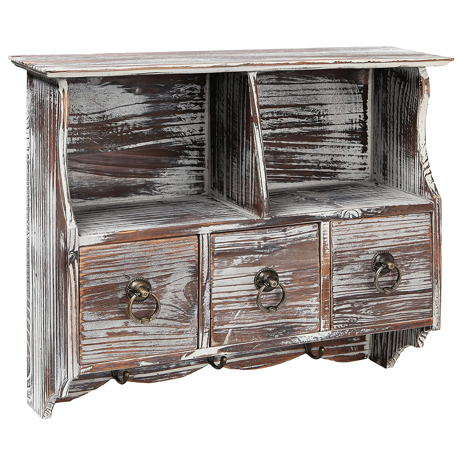 White Whale Wooden Wall-Mounted Organizer Shelf Rack/Wall Cabinet with Drawers & Metal Hooks