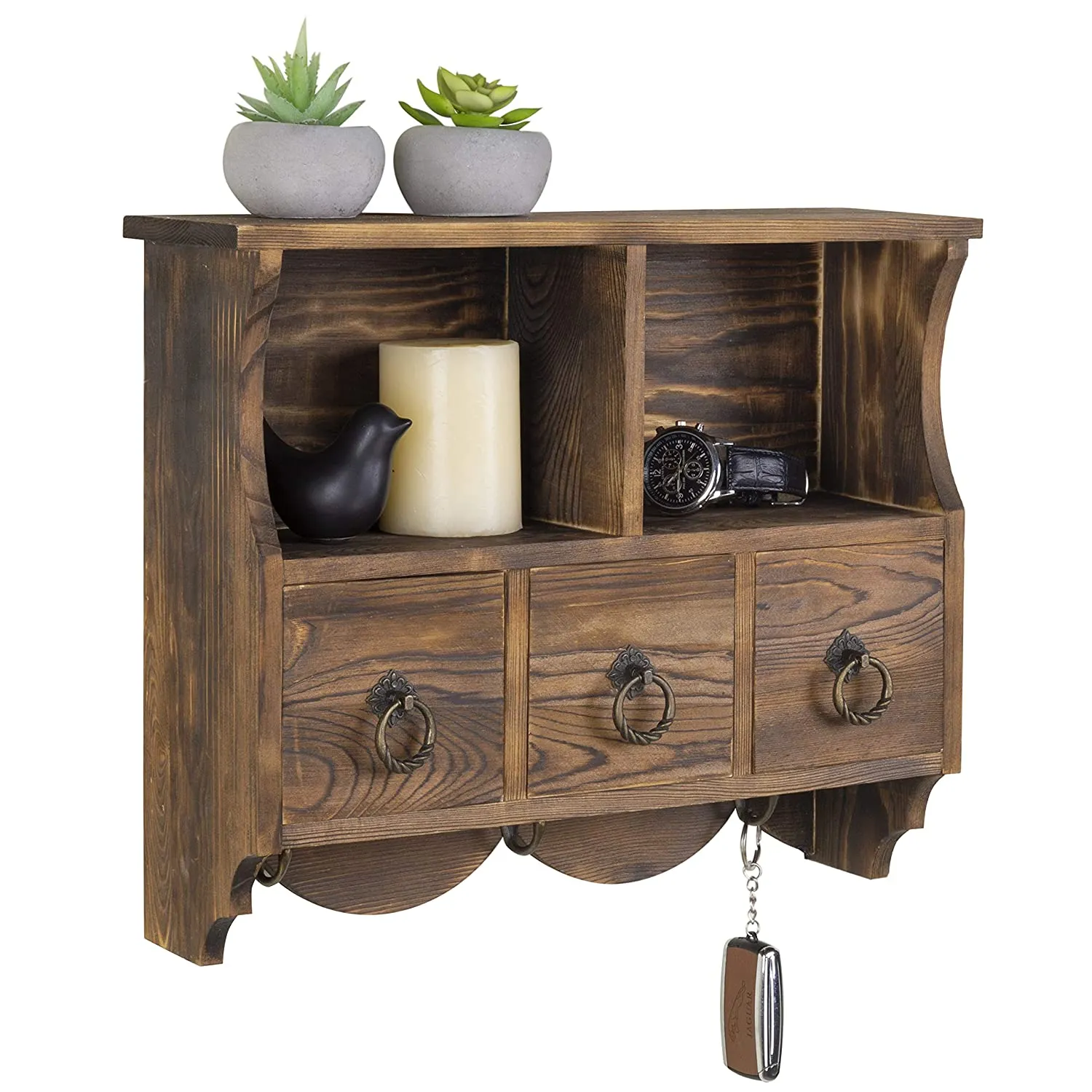White Whale Wooden Wall-Mounted Organizer Shelf Rack/Wall Cabinet with Drawers & Metal Hooks