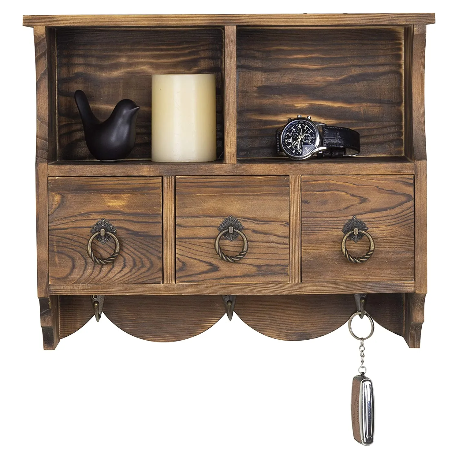 White Whale Wooden Wall-Mounted Organizer Shelf Rack/Wall Cabinet with Drawers & Metal Hooks